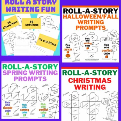 Roll a story writing fun for homeschoolers, seasonal Halloween, fall, spring, and Christmas printable prompts for kids, perfect for homeschooling, classroom activities, and educational resources.