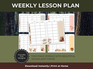 Homeschool Weekly Lesson Plan, Printable Instant Download, Woodland and Forest Themed Two Page Spread