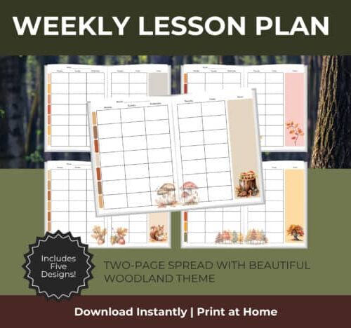 cropped-WeeklyLessonPlanWoodlandMockups-scaled-1.jpg 1. Weekly homeschool lesson plan template with woodland theme, includes five designs, ideal for organizing lessons and activities for homeschool education.