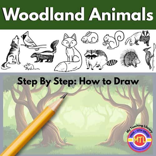 1. Black and white woodland animals drawing tutorial for homeschooling, including fox, raccoon, squirrel, and more, perfect for kids learning to draw animals step-by-step.