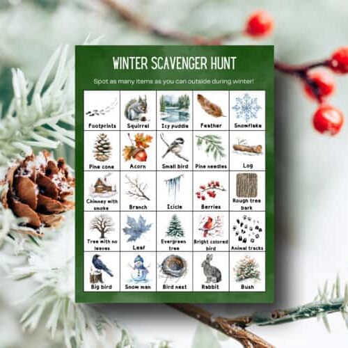 Winter scavenger hunt printable for homeschooling outdoor winter nature activities, encouraging kids to explore and learn about nature during winter seasons.