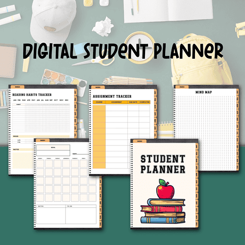 Digital student planner with educational organization tools for homeschooling, including assignment trackers, habit trackers, and goal setting, ideal for homeschooling resources and curriculum management.