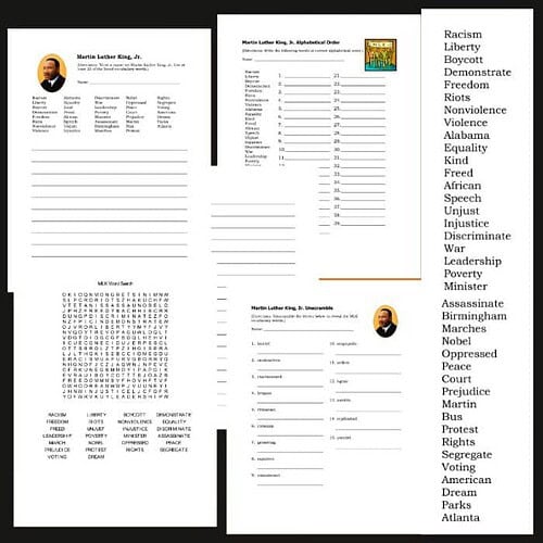 Racial inequality and social justice themed homeschool worksheets featuring Martin Luther King Jr. with keywords like equality, rights, protest, and discrimination for educational purposes.