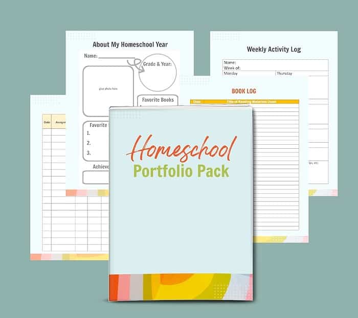portfolio pack graphic copy 1. Homeschool portfolio pack for organizing student year, reading log, activity records, and academic achievements, perfect for homeschool curriculums and record keeping.