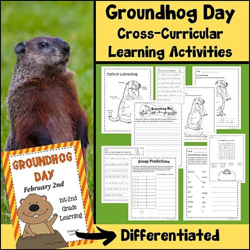 Groundhog Day cross-curricular learning activities for homeschool, including worksheet bundles and hands-on activities for kids. Perfect for engaging 1st-2nd grade students in fun, educational Groundhog Day lessons.