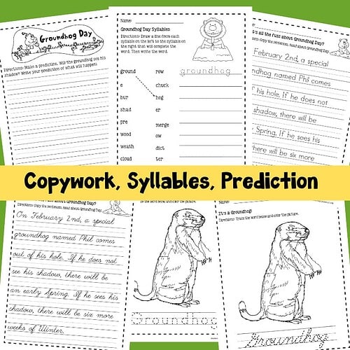 Groundhog educational worksheet with syllables and prediction activity, suitable for homeschool learning.