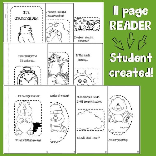 Groundhog educational worksheet for homeschool students, early reader activity, printable, literacy, winter learning resources.