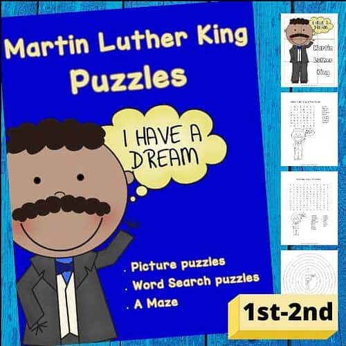 Colorful Martin Luther King educational puzzle book cover for homeschool learning, designed for 1st-2nd grade students with picture puzzles, word search puzzles, and a maze.
