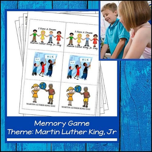 Martin Luther King Jr. themed homeschool memory game featuring colorful images and educational activities for students, perfect for homeschooling resources and lesson plans.