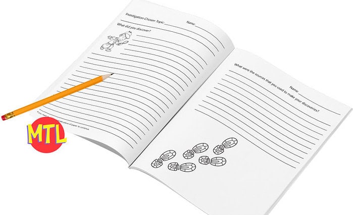 zy489-Investigation-station-october-14-a.jpg 1. Open homeschooling journal with prompts for research and discovery, including illustration of coins and a pencil, ideal for homeschool education resources.
