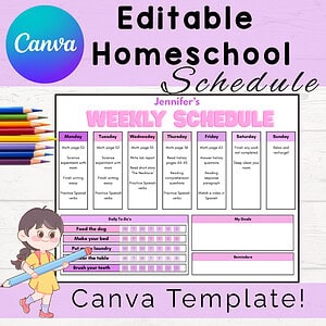 Editable Pink Homeschool Schedule Template for Kids | Weekly Planner | Assignments, Chores, Goals & Reminders | Printable & Canva Editable