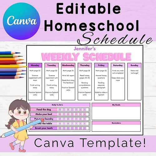 Editable Pink Homeschool Schedule Template for Kids | Weekly Planner | Assignments, Chores, Goals & Reminders | Printable & Canva Editable