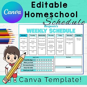 Editable Blue Homeschool Schedule Template for Kids | Weekly Planner | Assignments, Chores, Goals & Reminders | Printable & Canva Editable