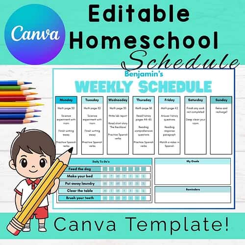 Editable Blue Homeschool Schedule Template for Kids | Weekly Planner | Assignments, Chores, Goals & Reminders | Printable & Canva Editable