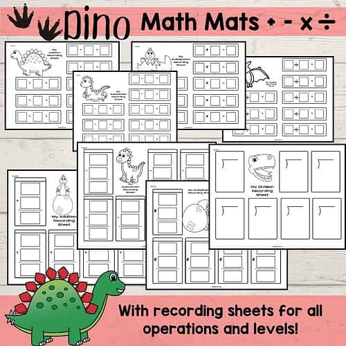 3 Math Mats for Multiplication Division Addition Subtraction Dinosaur Theme