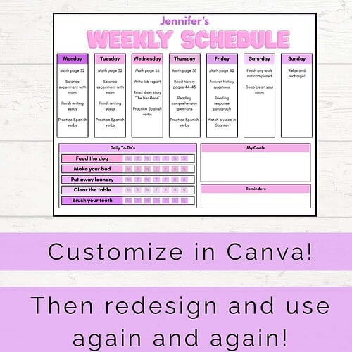 3 Editable Pink Homeschool Schedule Template for Kids | Weekly Planner | Assignments, Chores, Goals & Reminders | Printable & Canva Editable