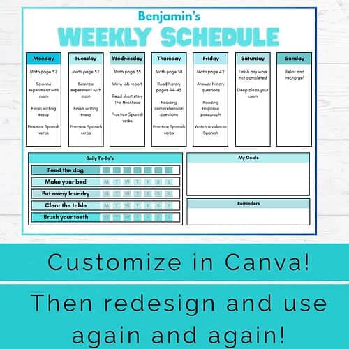 3 Editable Blue Homeschool Schedule Template for Kids | Weekly Planner | Assignments, Chores, Goals & Reminders | Printable & Canva Editable