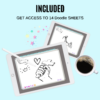 Digital doodle sheets for homeschooling, featuring drawing and coloring activities on tablets with a cup of coffee. Perfect for engaging homeschool lessons and creative learning.