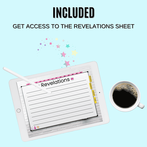 Digital revelation sheet on tablet with coffee cup, ideal for homeschooling resources and religious education.