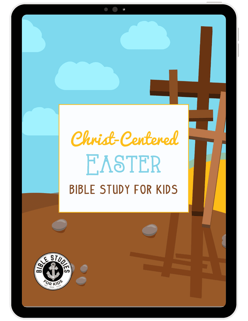 A children's Easter Bible study resource with crosses and outdoor background, perfect for homeschooling families to explore the meaning of Easter through faith-based activities.