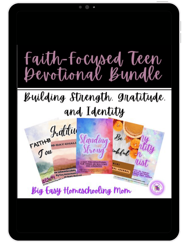 Faith-focused teen devotional bundle for homeschooling, including books on strength, gratitude, and identity to support spiritual growth and emotional resilience.