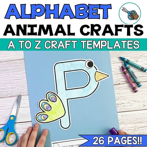 Alphabet Animal Crafts Creative alphabet animal craft template featuring a colorful peacock design for educational activities and homeschooling projects. Perfect for teaching letters and animals to children.
