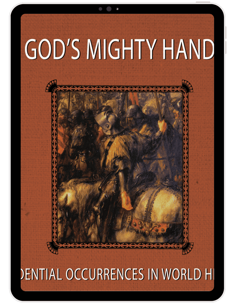 Cover image of "God's Mighty Hand," a book on world history and biblical events, featuring artwork of soldiers and historical scenes, ideal for homeschooling resources.