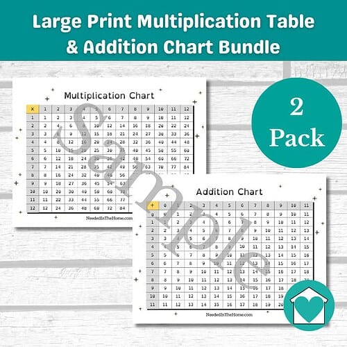 Large Print Multiplication Table and Large Print Addition Chart Bundle