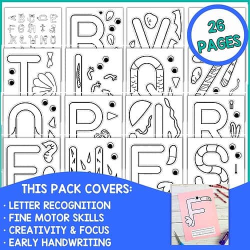 Alphabet coloring pages for homeschool learning and early education. Perfect for teaching letter recognition, fine motor skills, creativity, and early handwriting development.