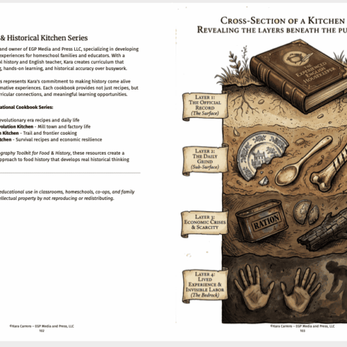 Cross-section of a kitchen with layered ingredients and utensils illustrating the layers of a published recipe for homeschooling and educational purposes.