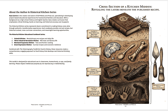 Homeschool Resource Co. Kitchen Layers Cross-section of a kitchen with layered ingredients and utensils illustrating the layers of a published recipe for homeschooling and educational purposes.