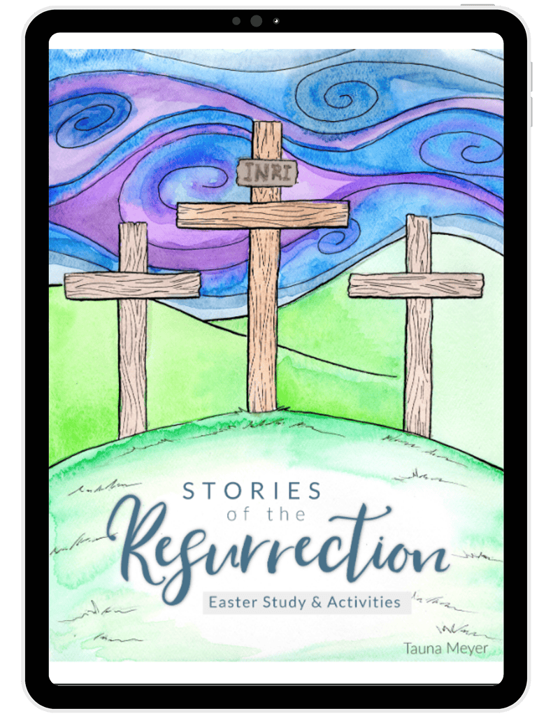 Colorful watercolor illustration of three crosses on a hill with swirling sky, promoting Easter Bible study and activities for homeschool families.