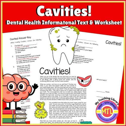 Dental Health Cavity Worksheet for Homeschooling Cavity educational worksheet with answer key for homeschooling dental health lessons.