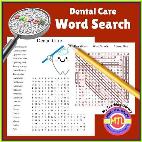 Homeschool Resource Co. Dental Care Word Search Dental Care Word Search Puzzle for Homeschool Learning.