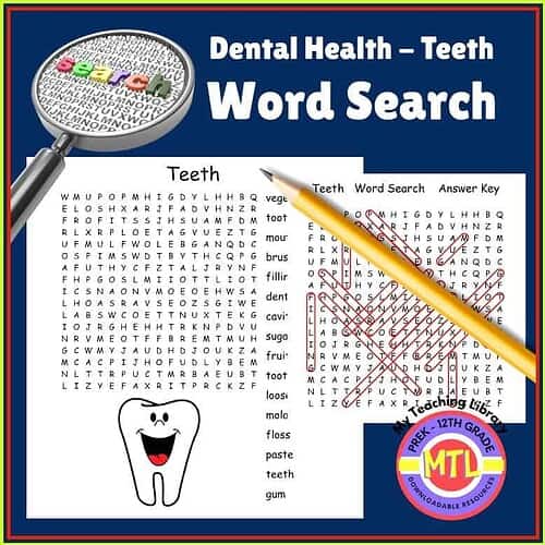 Engaging dental health-themed teeth word search activity for kids to promote oral hygiene education.