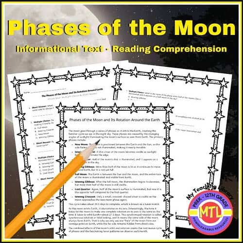 Phases of the Moon Educational Chart Detailed educational chart illustrating the phases of the moon and its rotation around Earth, ideal for homeschooling science lessons and astronomy studies.