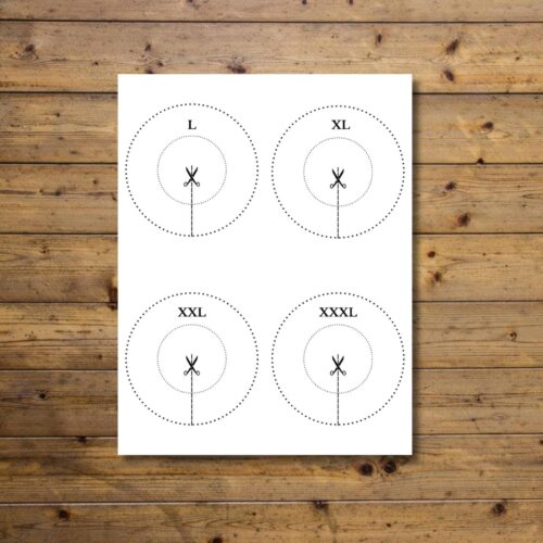 Educational scissor skills practice chart with four size circles labeled L, XL, XXL, XXXL for homeschooling activities.