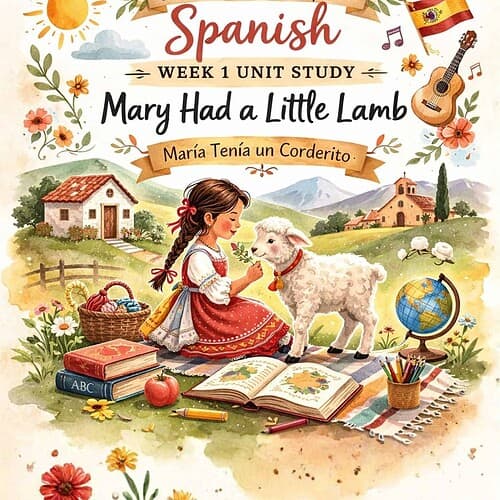 Illustration of a young girl with braided hair in traditional Spanish dress, sitting on grass with a lamb, surrounded by books, flowers, and outdoor scenery, promoting homeschool Spanish learning.
