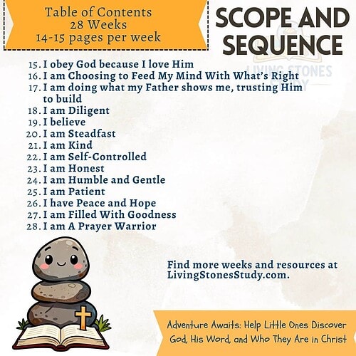 Homeschool Resource Co. - Scope and Sequence Chart Homeschool scope and sequence chart with faith-based affirmations and a stack of stones with a cross, promoting Christian homeschooling values.