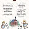 Illustration of children singing and caring for lambs in front of a church, highlighting religious and educational themes for homeschooling resources.
