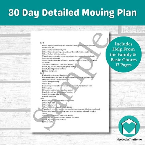 Home Moving Plan - 30 Day Checklist for Parents, Detailed Day, Move List