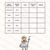 Elementary spelling practice worksheet for homeschool, featuring daily vocabulary review with translation, tracing, and writing activities for young learners.