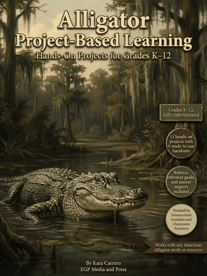 Alligator-themed hands-on project-based learning resource for grades K-12, featuring 11 projects, rubrics, and support for homeschooling families and teachers.