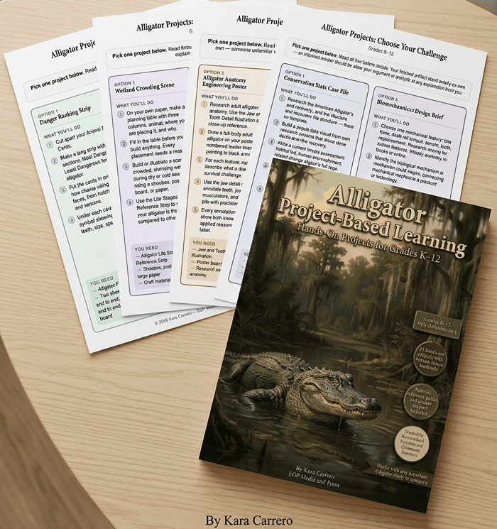 Alligator project-based learning guide focusing on science and nature for homeschool students in grades K-12.