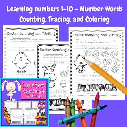 Easter-themed early learning activities for kids, including counting, tracing, and coloring exercises to enhance number skills and fine motor development.