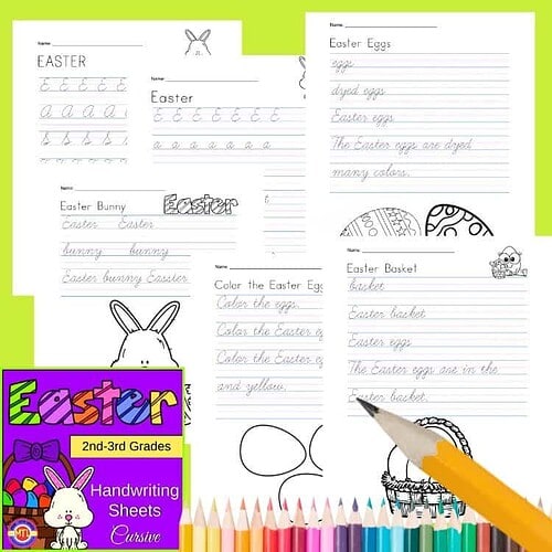 Easter cursive handwriting practice sheets for kids, featuring Easter eggs, bunnies, and baskets to enhance handwriting skills and festive learning.