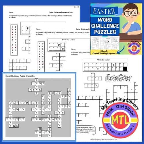 Easter word challenge puzzles for homeschool learning, perfect for preschool to 12th grade students. Engaging activities to enhance vocabulary and critical thinking skills during Easter.