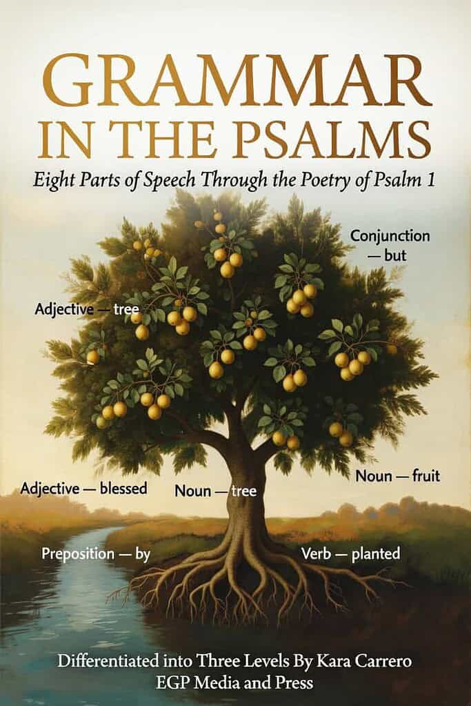 Educational image illustrating parts of speech in Psalm 1, including nouns, adjectives, verbs, prepositions, and conjunctions, with a tree diagram highlighting grammatical elements.