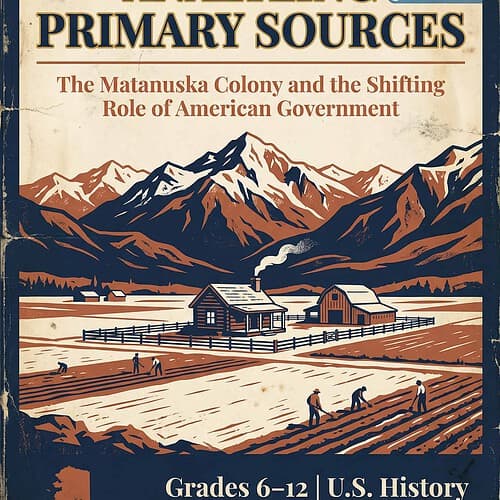 Analyzing Primary Sources Book Cover of "Analyzing Primary Sources" educational book on U.S. history, focusing on the Matanuska Colony and American government shifts, ideal for grades 6-12.