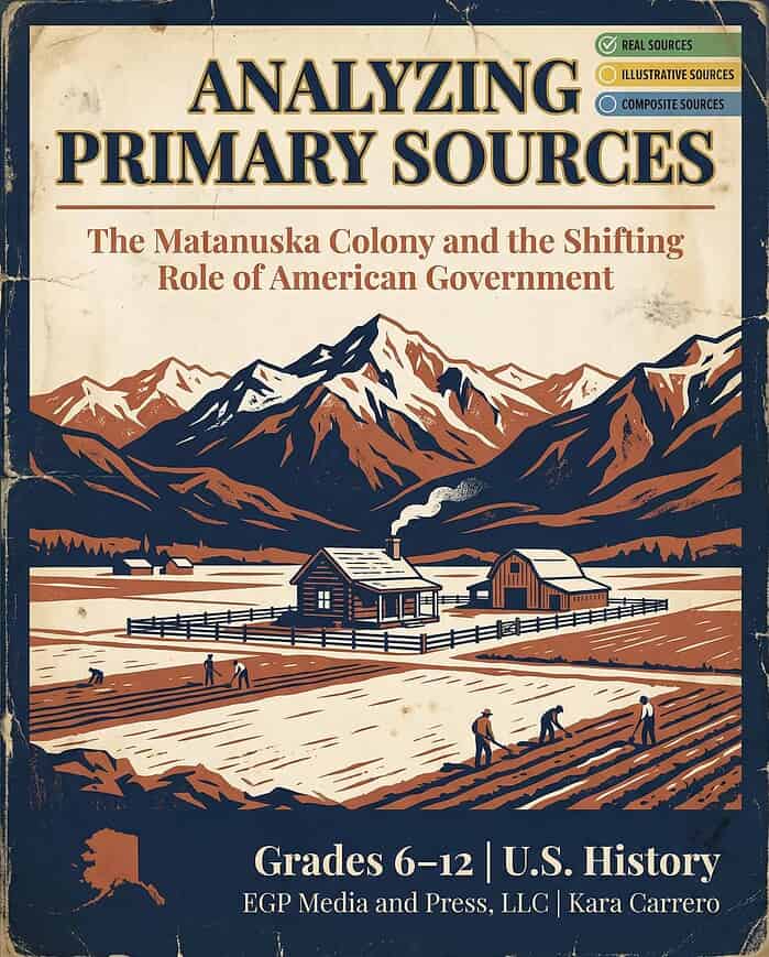 Analyzing Primary Sources Book Cover of "Analyzing Primary Sources" educational book on U.S. history, focusing on the Matanuska Colony and American government shifts, ideal for grades 6-12.